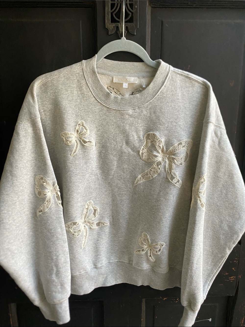 LoveShackFancy Light Gray Crewneck Sweater with Cream Lace Bow Appliqués
